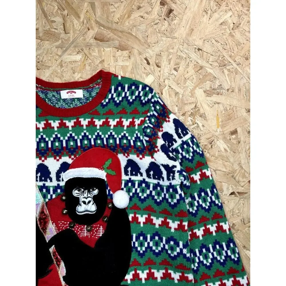 Holiday Time Ugly Christmas Sweater Mens Large Gorilla Santa Hat Candy Cane Knit